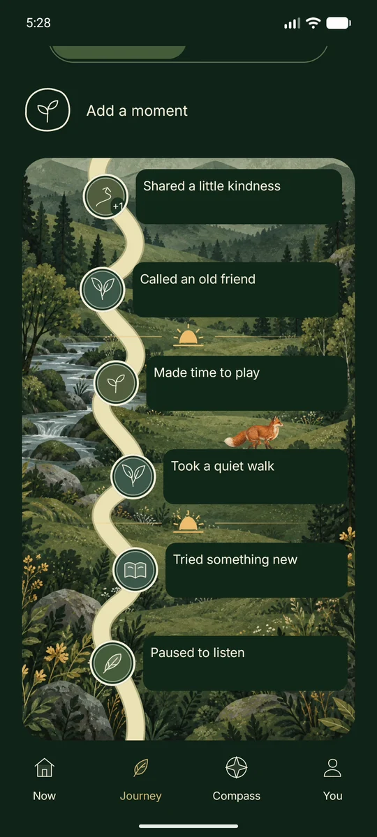 Smallward Journey with fictional memories on a winding woodland path, golden day breaks and painted wildlife behind the memory banners.