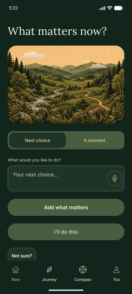 Smallward Now screen in its woodland theme, with a painted valley and Next choice and A moment options.